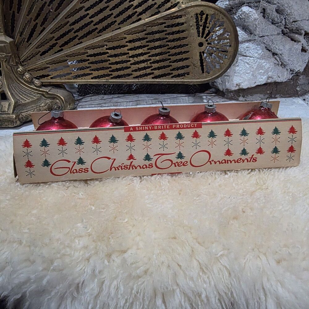 Shiny Brite 2 1/4" Round Christmas Red Ornaments Caps With Box Lot Of 5